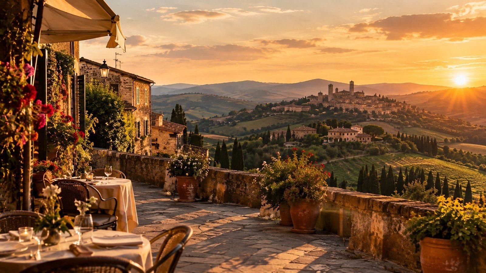 Terraço com vista para um vilarejo toscano entre colinas, vinhedos e ciprestes ao pôr do sol