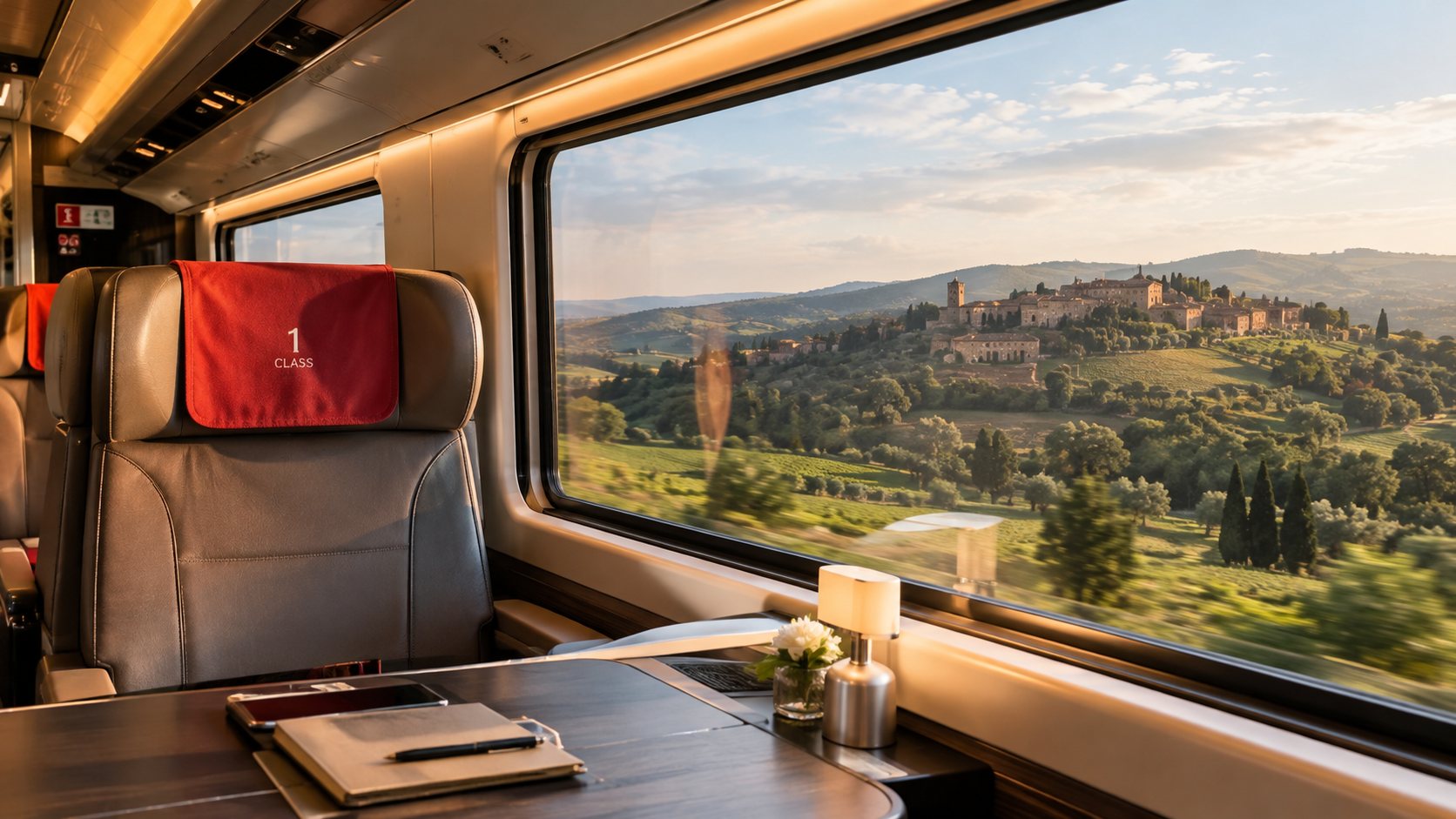 Poltrona de Primeira Classe em trem de alta velocidade, com janela panorâmica para as colinas da Toscana ao entardecer
